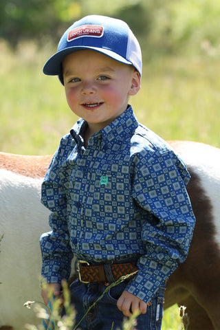 Cinch Toddler Boys Long Sleeve Blue Square Flower Print Shirt - Cowboy SwaggerCinch Toddler Boys Long Sleeve Blue Square Flower Print Shirt