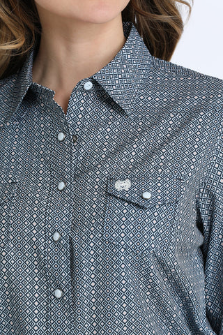 Cinch Women’s Long Sleeve Light Blue Arena Flex Geo Print Snap Shirt - Cowboy SwaggerCinch Women’s Long Sleeve Light Blue Arena Flex Geo Print Snap ShirtShirts & Tops