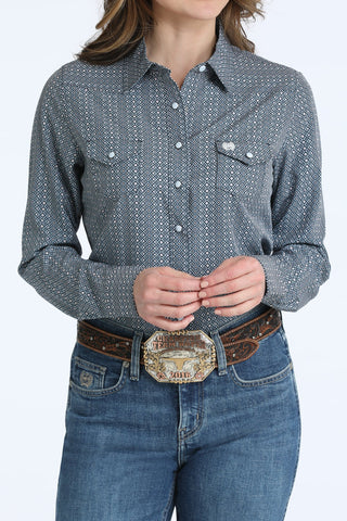 Cinch Women’s Long Sleeve Light Blue Arena Flex Geo Print Snap Shirt - Cowboy SwaggerCinch Women’s Long Sleeve Light Blue Arena Flex Geo Print Snap ShirtShirts & Tops