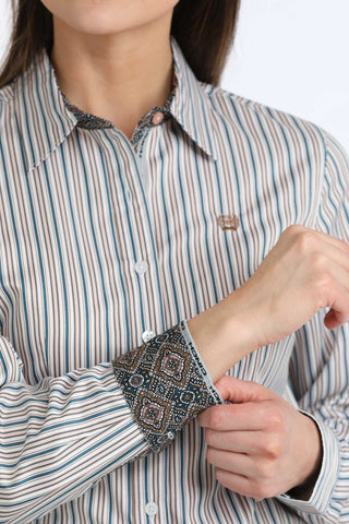 Cinch Women’s White Western Shirt with Peach & Teal Pinstripes – Long Sleeve Button Down - Cowboy SwaggerCinch Women’s White Western Shirt with Peach & Teal Pinstripes – Long Sleeve Button Down