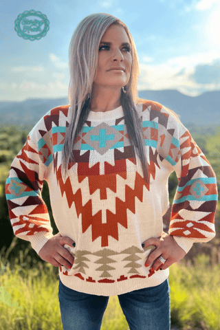 Country Club Knit Sweater – Cream Aztec Oversized - Cowboy SwaggerCountry Club Knit Sweater – Cream Aztec Oversized