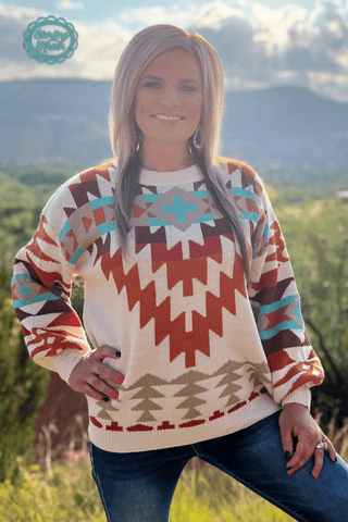 Country Club Knit Sweater – Cream Aztec Oversized - Cowboy SwaggerCountry Club Knit Sweater – Cream Aztec Oversized