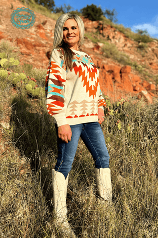 Country Club Knit Sweater – Cream Aztec Oversized - Cowboy SwaggerCountry Club Knit Sweater – Cream Aztec Oversized