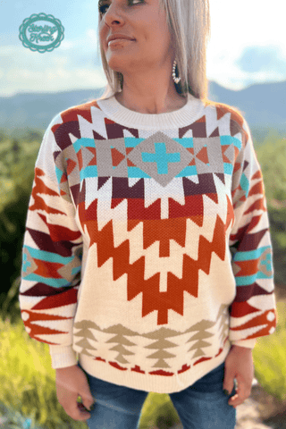 Country Club Knit Sweater – Cream Aztec Oversized - Cowboy SwaggerCountry Club Knit Sweater – Cream Aztec Oversized