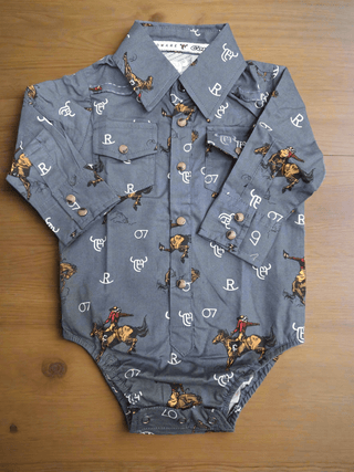 Cowboy Hardware Infant Vintage Bronc LS Print Romper - Cowboy SwaggerCowboy Hardware Infant Vintage Bronc LS Print RomperBaby & Toddler Tops