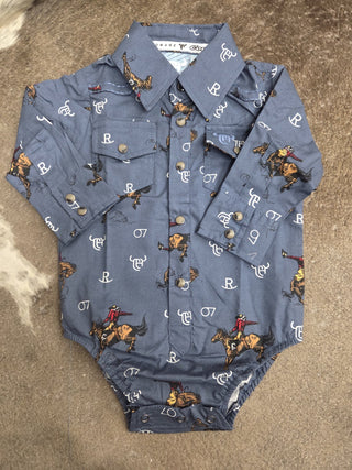 Cowboy Hardware Infant Vintage Bronc LS Print Romper - Cowboy SwaggerCowboy Hardware Infant Vintage Bronc LS Print RomperBaby & Toddler Tops