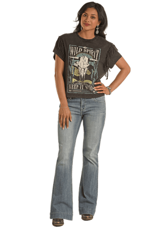 Cowboy Swagger Panhandle Women's Boxy Fringe Graphic Tee Black