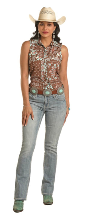 Cowboy Swagger Panhandle Women's Sleeveless Retro Snap Shirt Brown and Turquoise Floral