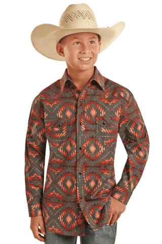 Cowboy Swagger Rock and Roll Boys LS Orange and Charcoal Aztec Print Snap Shirt