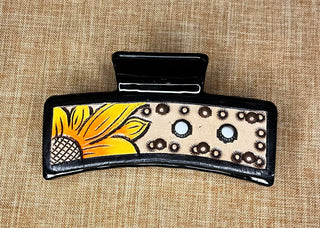 Cowboy Swagger Accesories Tooled Leather Claw Clip Beaded Sunflower