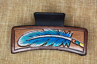 Cowboy Swagger Accesories Tooled Leather Claw Clip Blue Feather