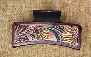 Cowboy Swagger Accesories Tooled Leather Claw Clip Double Sunflower Brown