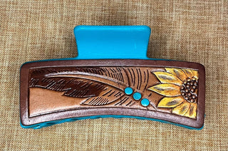 Cowboy Swagger Accesories Tooled Leather Claw Clip Feather Sunflower