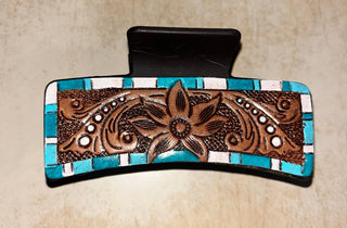 Cowboy Swagger Accesories Tooled Leather Claw Clip Flower Turquoise & White