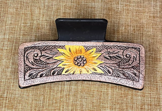 Cowboy Swagger Accesories Tooled Leather Claw Clip Single Sunflower Brown