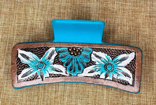 Cowboy Swagger Accesories Tooled Leather Claw Clip White Turquoise Flower
