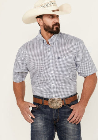 Cowboy Swagger Wrangler Men's White with Navy Blue Geo Print Classic Fit Short Sleeve Western Shirt