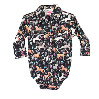 Cowgirl Hardware Infant Girl Horse Flowers Long Sleeve Romper Black - Cowboy SwaggerCowgirl Hardware Infant Girl Horse Flowers Long Sleeve Romper Black