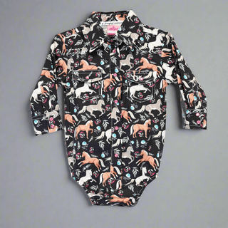 Cowgirl Hardware Infant Girl Horse Flowers Long Sleeve Romper Black - Cowboy SwaggerCowgirl Hardware Infant Girl Horse Flowers Long Sleeve Romper Black