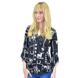 Cowgirl Hardware Women's Western Liberty 3/4 Sleeve Hi-Lo Top Black - Cowboy SwaggerCowgirl Hardware Women's Western Liberty 3/4 Sleeve Hi-Lo Top BlackWomen's Tops