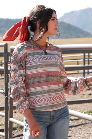 Cruel Denim Women’s 3/4 Sleeve Aztec Print Top with Ruched Sleeves – CTK7484002 - Cowboy SwaggerCruel Denim Women’s 3/4 Sleeve Aztec Print Top with Ruched Sleeves – CTK7484002