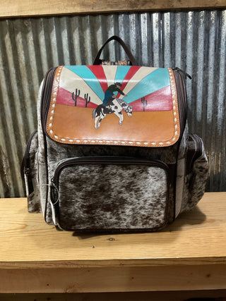 Custom Western Cowboy Sunrise Backpack – Hand - Painted Leather Flap with Hair - On Hide and Tooled Straps - Cowboy SwaggerCustom Western Cowboy Sunrise Backpack – Hand - Painted Leather Flap with Hair - On Hide and Tooled Straps