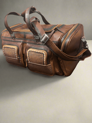 Genuine Leather Saddle Duffle Bag – Western Travel Bag with Basket Weave Pockets - Cowboy SwaggerGenuine Leather Saddle Duffle Bag – Western Travel Bag with Basket Weave Pockets