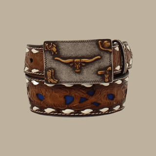 Kids’ Brown Leather Western Belt with Blue Inlay & Longhorn Buckle – Style D120002202 - Cowboy SwaggerKids’ Brown Leather Western Belt with Blue Inlay & Longhorn Buckle – Style D120002202