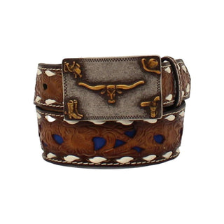 Kids’ Brown Leather Western Belt with Blue Inlay & Longhorn Buckle – Style D120002202 - Cowboy SwaggerKids’ Brown Leather Western Belt with Blue Inlay & Longhorn Buckle – Style D120002202
