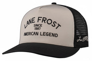 Lane Frost Caliber Trucker Cap – American Legend Since 1987 Black & Cream Snapback Hat - Cowboy SwaggerLane Frost Caliber Trucker Cap – American Legend Since 1987 Black & Cream Snapback Hat