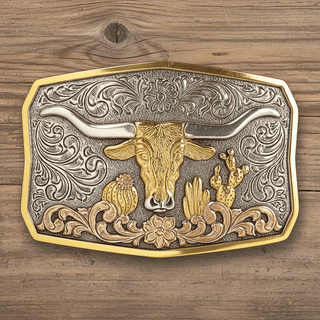 Longhorn & Cactus Buckle – Antique Gold & Silver Western Design - Cowboy Swagger – Antique Gold & Silver Western Design