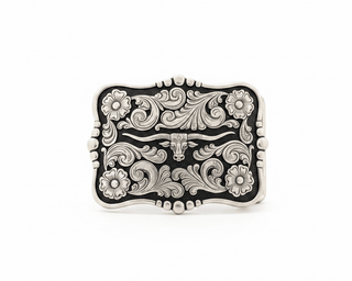 Longhorn Floral Western Belt Buckle – Black Background Engraved Silver Rectangle - Cowboy SwaggerLonghorn Floral Western Belt Buckle – Black Background Engraved Silver RectangleBuckle