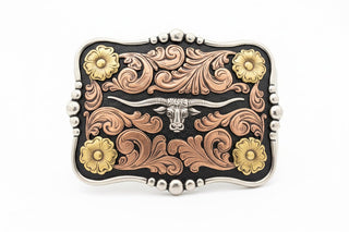 Longhorn Western Belt Buckle – Multi - Tone Floral Scroll Buckle - Cowboy SwaggerLonghorn Western Belt Buckle – Multi - Tone Floral Scroll BuckleBuckle