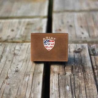 M&F Western Wallets & Money Clips Ariat BiFold Men's Wallet American Flag Embroidered Aged Bark