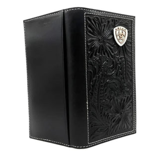 Men's Black Rodeo Wallet, Floral Tooled Leather Slim Fit, front view