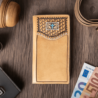 Men's Rodeo Wallet, Hand Tooled Leather with Turquoise Cross Concho, front view