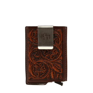 Men's Tooled Leather RFID Smart Wallet, Slim Card Holder with Money Clip, front view