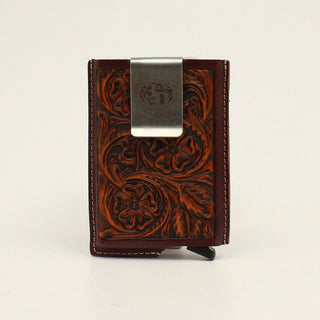 Men's Tooled Leather RFID Smart Wallet, Slim Card Holder with Money Clip, side profile