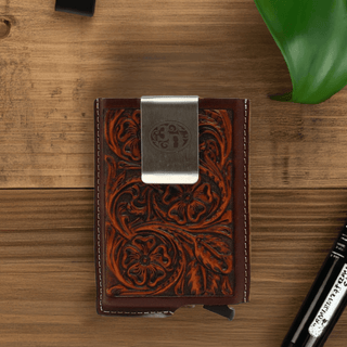 Men's Tooled Leather RFID Smart Wallet, Slim Card Holder with Money Clip, card release mechanism