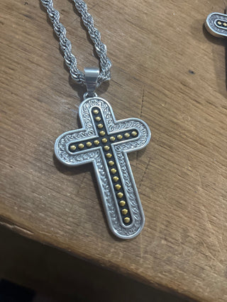 Men’s Western Cross Necklace – Silver with Gold Bead DetailingCowboy Swagger