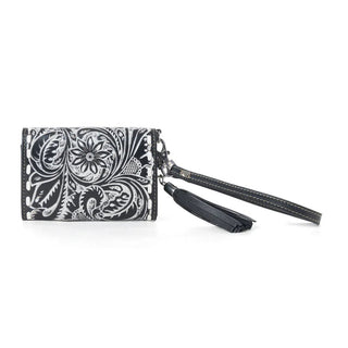 Myra Elise Hand Tooled Leather Wristlet Wallet – Dark Mist Black - Cowboy SwaggerMyra Elise Hand Tooled Leather Wristlet Wallet – Dark Mist BlackHandbags, Wallets & Cases
