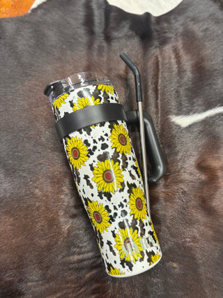 Myra Wide Wyoming Travel Tumbler – Sunflower and Cow Print Western Insulated Cup - Cowboy SwaggerMyra Wide Wyoming Travel Tumbler – Sunflower and Cow Print Western Insulated Cup
