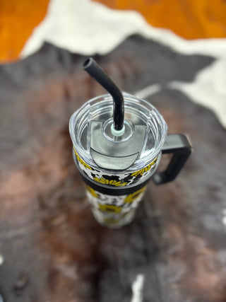 Myra Wide Wyoming Travel Tumbler – Sunflower and Cow Print Western Insulated Cup - Cowboy SwaggerMyra Wide Wyoming Travel Tumbler – Sunflower and Cow Print Western Insulated Cup
