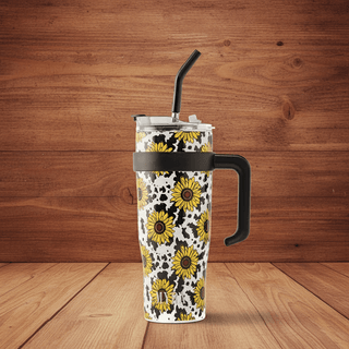 Myra Wide Wyoming Travel Tumbler – Sunflower and Cow Print Western Insulated Cup - Cowboy SwaggerMyra Wide Wyoming Travel Tumbler – Sunflower and Cow Print Western Insulated Cup