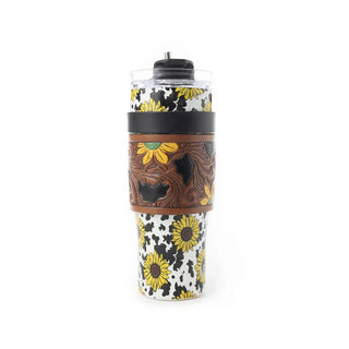 Myra Wide Wyoming Travel Tumbler – Sunflower and Cow Print Western Insulated Cup with Leather - Cowboy SwaggerMyra Wide Wyoming Travel Tumbler – Sunflower and Cow Print Western Insulated Cup with Leather