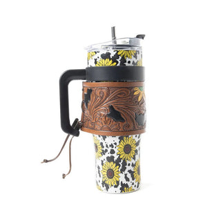 Myra Wide Wyoming Travel Tumbler – Sunflower and Cow Print Western Insulated Cup with Leather - Cowboy SwaggerMyra Wide Wyoming Travel Tumbler – Sunflower and Cow Print Western Insulated Cup with Leather