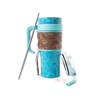 Myra Wide Wyoming Turquoise Tooled Travel Tumbler - Cowboy SwaggerMyra Wide Wyoming Turquoise Tooled Travel Tumbler