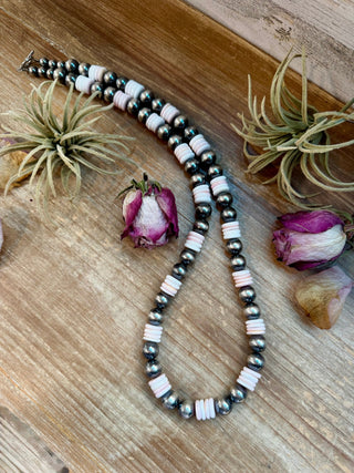 NFR Collection Necklace – 12mm Sterling Silver Pearls with 10mm Pink Conch Rondelles – Handmade by The Bijoux FAB – 30" - Cowboy SwaggerNFR Collection Necklace – 12mm Sterling Silver Pearls with 10mm Pink Conch Rondelles – Handmade by The Bijoux FAB – 30"Necklaces
