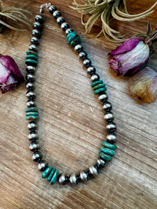 NFR Collection Necklace – 12mm Sterling Silver Pearls with 16mm Green Turquoise Rondelle – Handmade by The Bijoux FAB – 21.5" - Cowboy SwaggerNFR Collection Necklace – 12mm Sterling Silver Pearls with 16mm Green Turquoise Rondelle – Handmade by The Bijoux FAB – 21.5"Necklaces