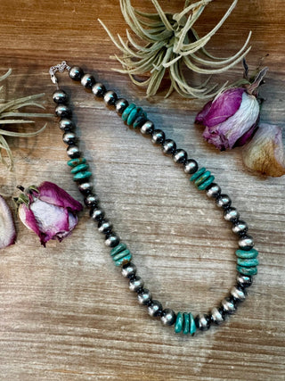 NFR Collection Necklace – 12mm Sterling Silver Pearls with 16mm Green Turquoise Rondelle – Handmade by The Bijoux FAB – 21.5" - Cowboy SwaggerNFR Collection Necklace – 12mm Sterling Silver Pearls with 16mm Green Turquoise Rondelle – Handmade by The Bijoux FAB – 21.5"Necklaces